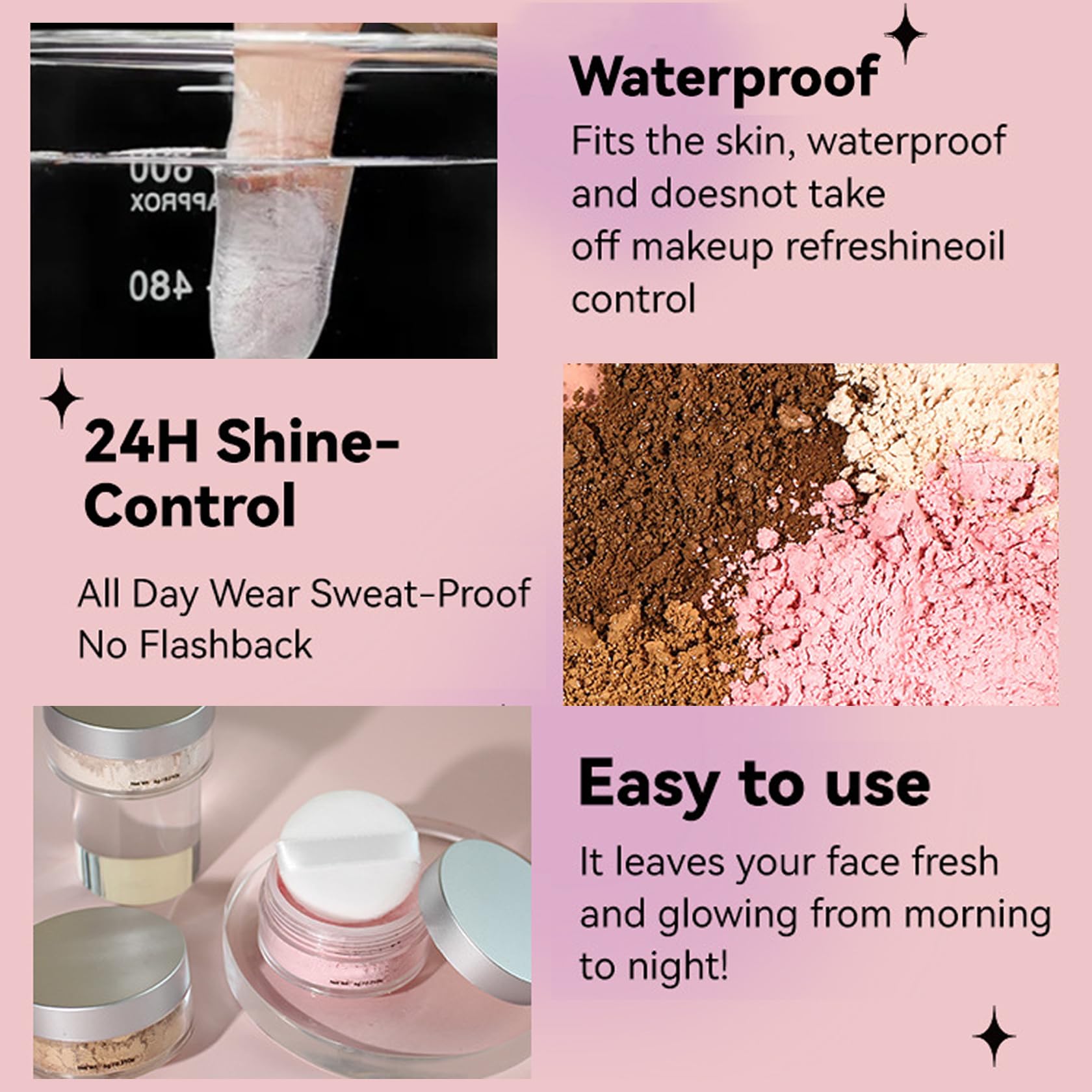 QIUFSSE pink shimmer powder being applied with brush for lightweight application.