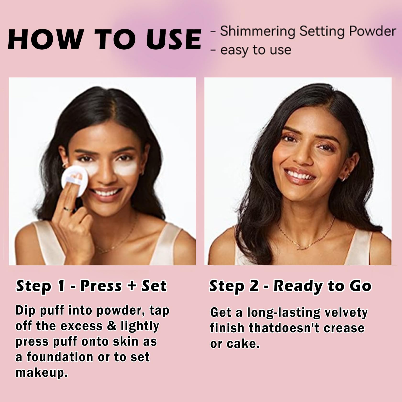 QIUFSSE pink shimmer setting powder compact in use for shine control.