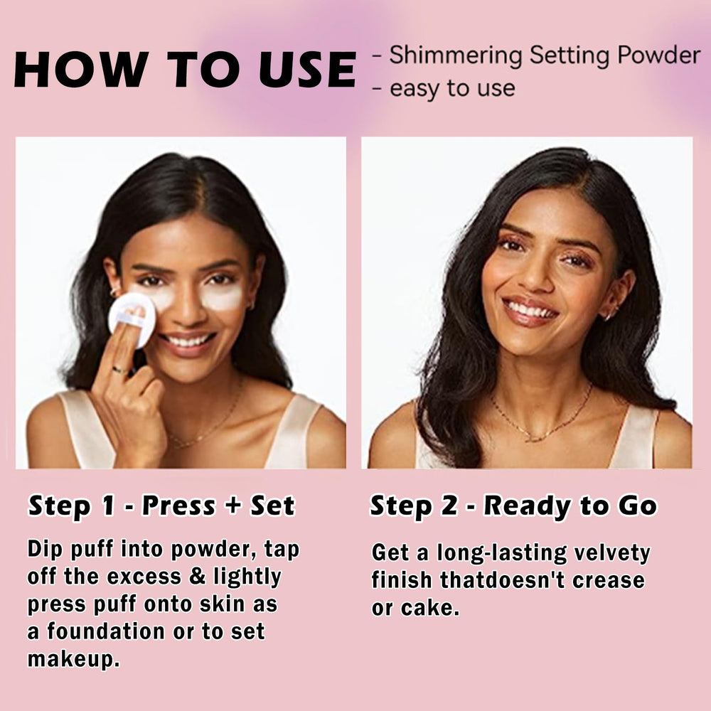 QIUFSSE pink shimmer setting powder compact in use for shine control.