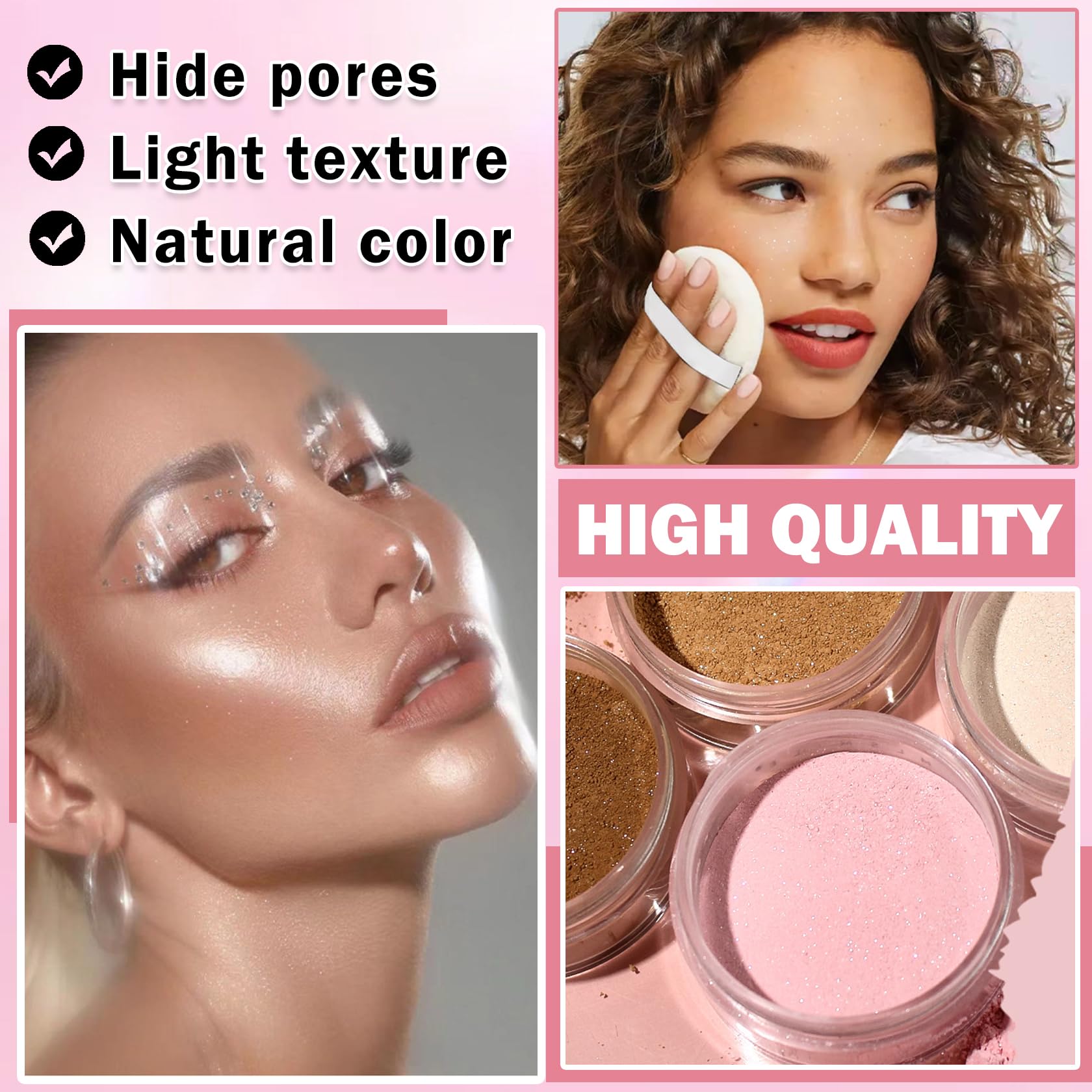 QIUFSSE pink shimmer setting powder near jawline balances color.