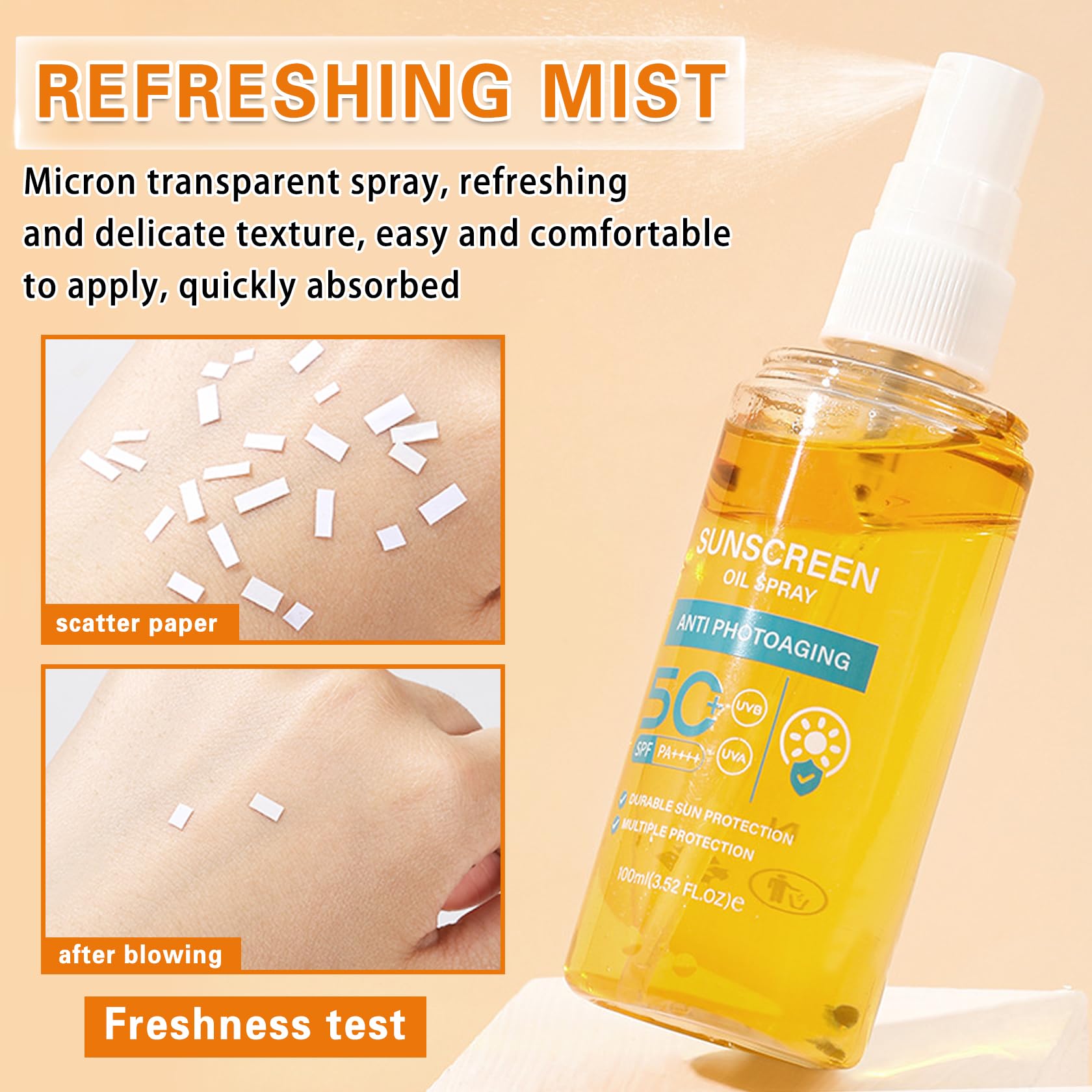 QIUFSSE Sunscreen Oil Spray ingredients with aloe and sophora emphasize natural extracts.
