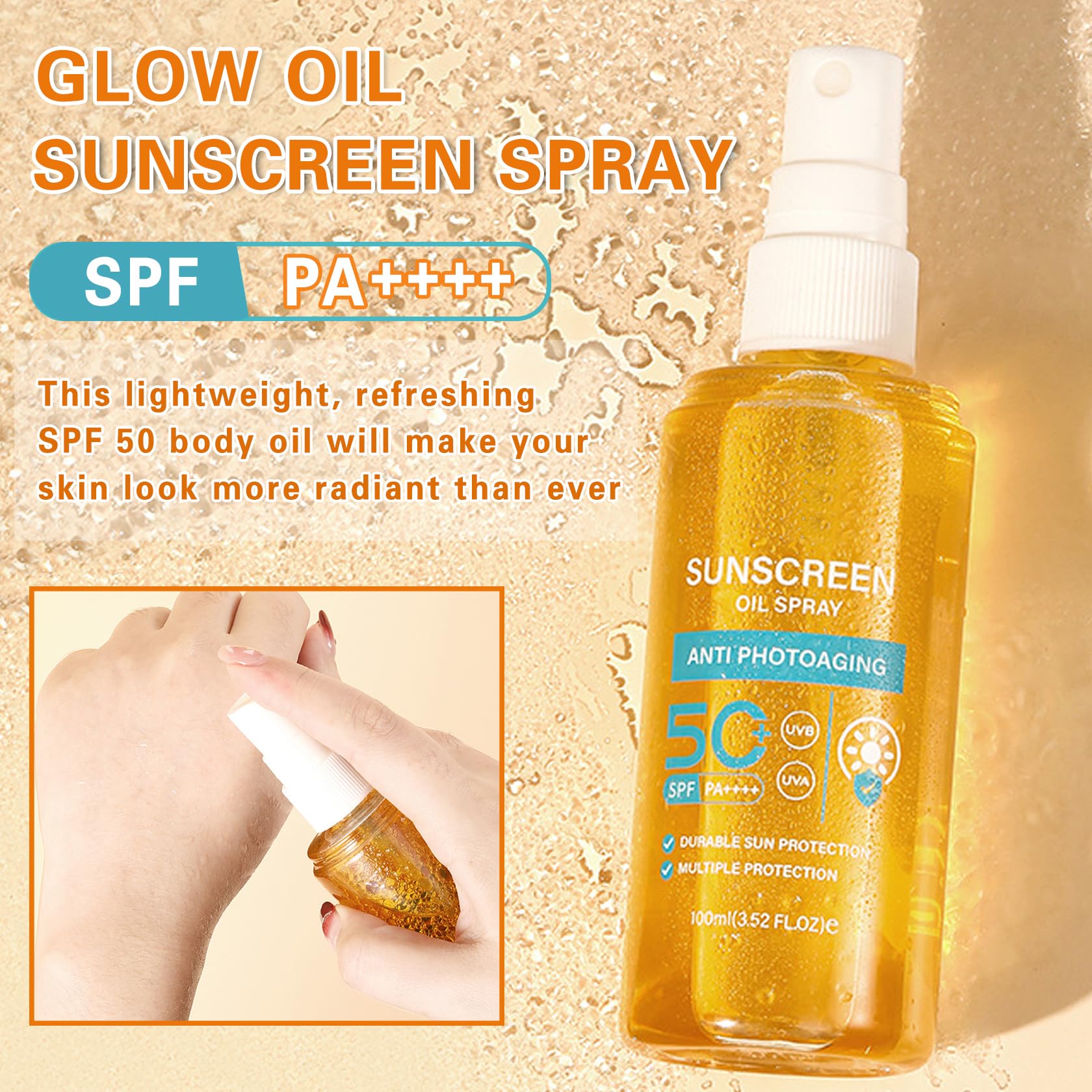 QIUFSSE Sunscreen Oil Spray image highlights quick-dry, non-sticky formula.