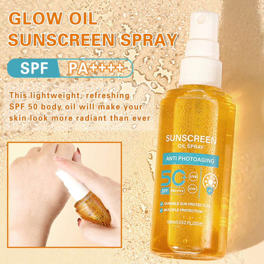QIUFSSE Sunscreen Oil Spray image highlights quick-dry, non-sticky formula.
