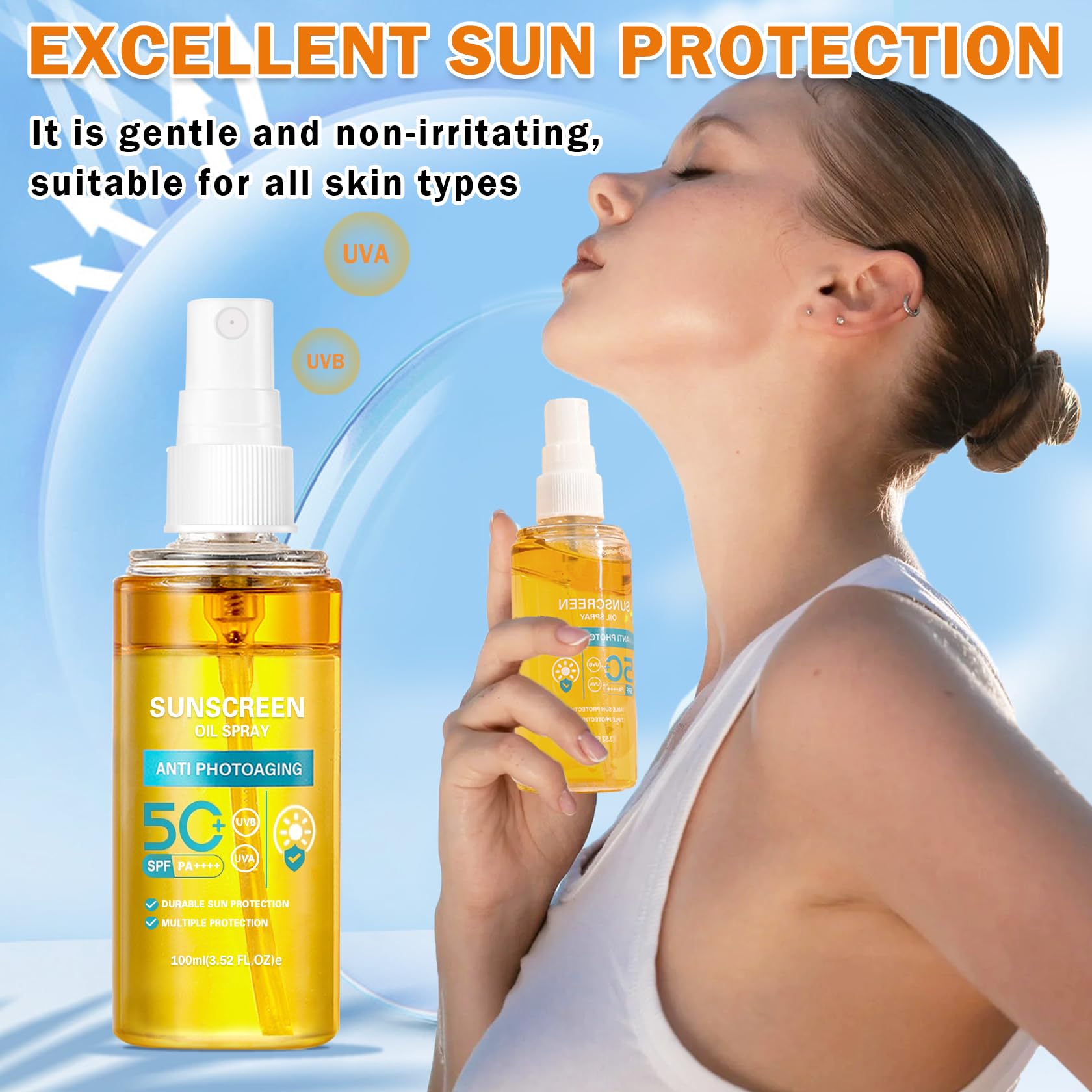 QIUFSSE Sunscreen Oil Spray used during outdoor activities for easy application.