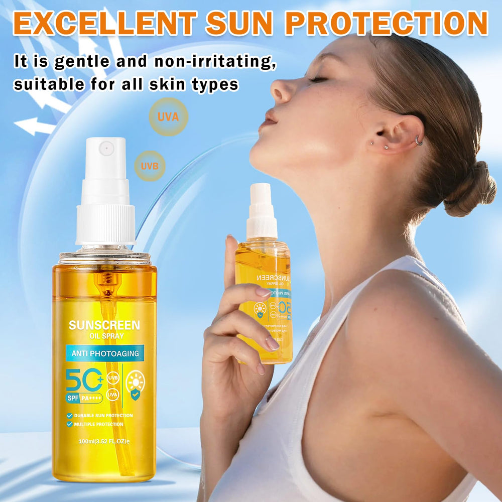 QIUFSSE Sunscreen Oil Spray used during outdoor activities for easy application.
