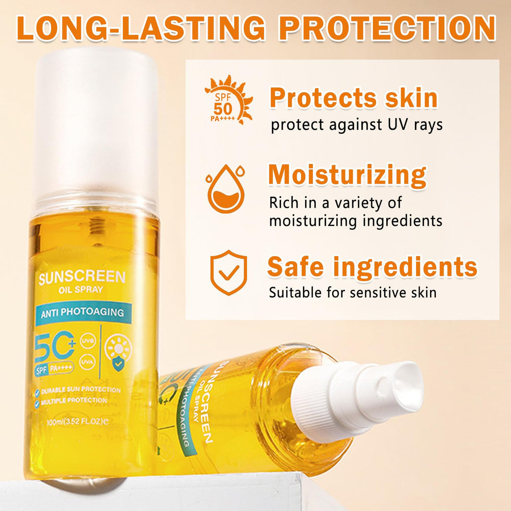 QIUFSSE Sunscreen Oil Spray SPF50 packaging highlights strong UV protection in a compact bottle.