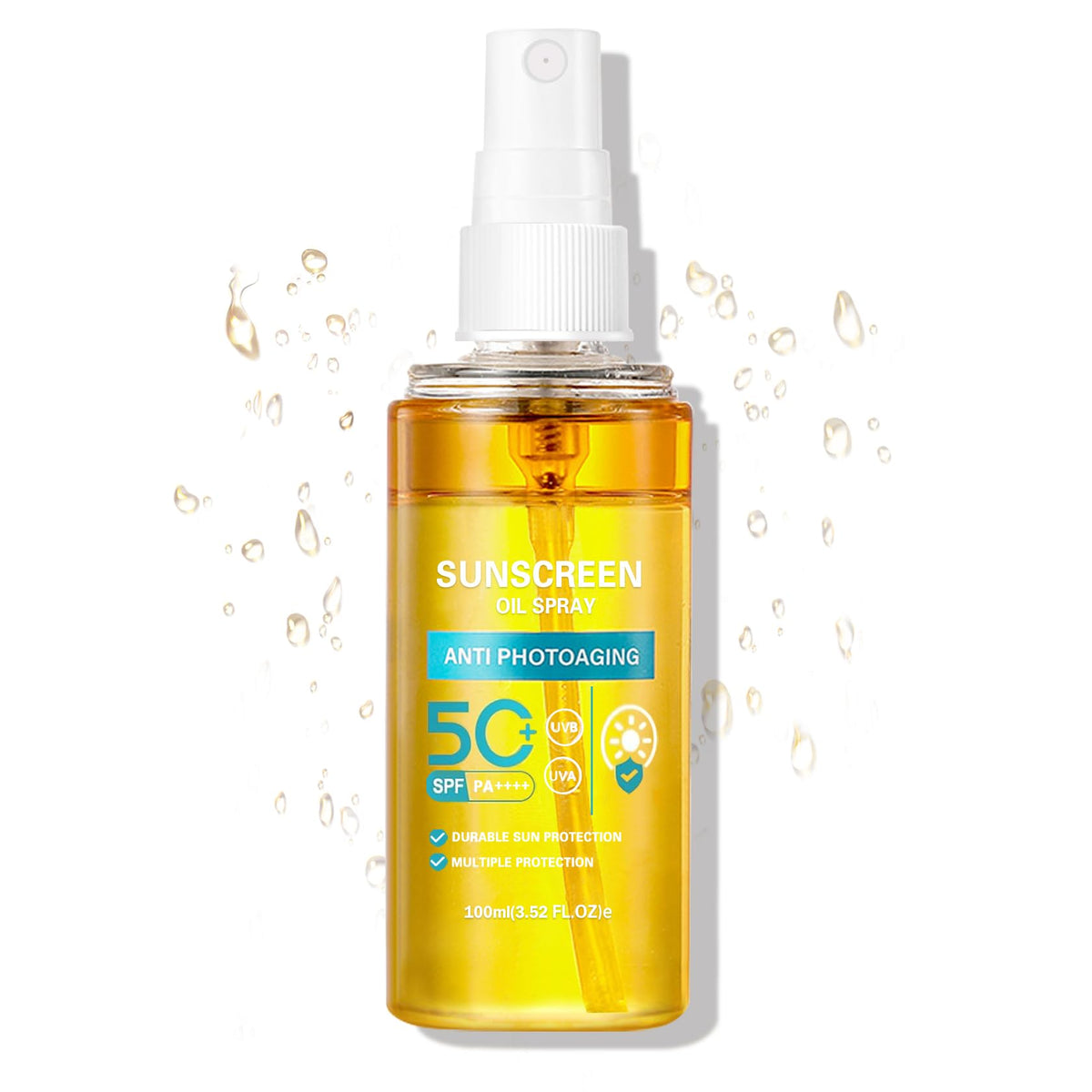 QIUFSSE Sunscreen Oil Spray bottle demonstrates a lightweight mist for outdoor protection.