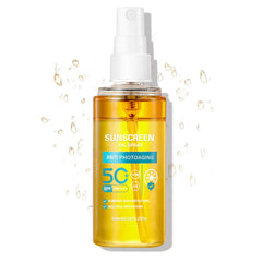 QIUFSSE Sunscreen Oil Spray bottle demonstrates a lightweight mist for outdoor protection.