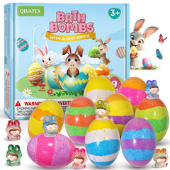 Qivatex bath bombs with festival designs and a toy inside for kid-friendly bath time fun.