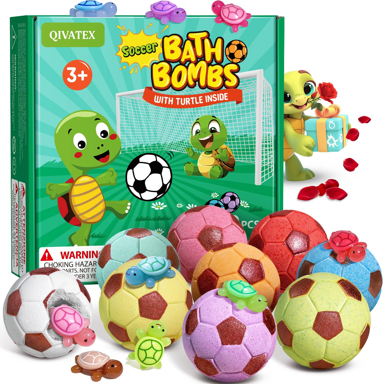Qivatex bath bombs with surprise turtle toy in colorful packaging for kids