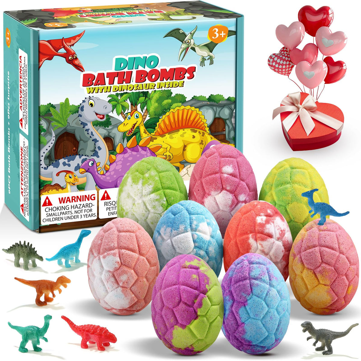 Qivatex dinosaur bath bombs with hidden toy inside and colorful bubbles.