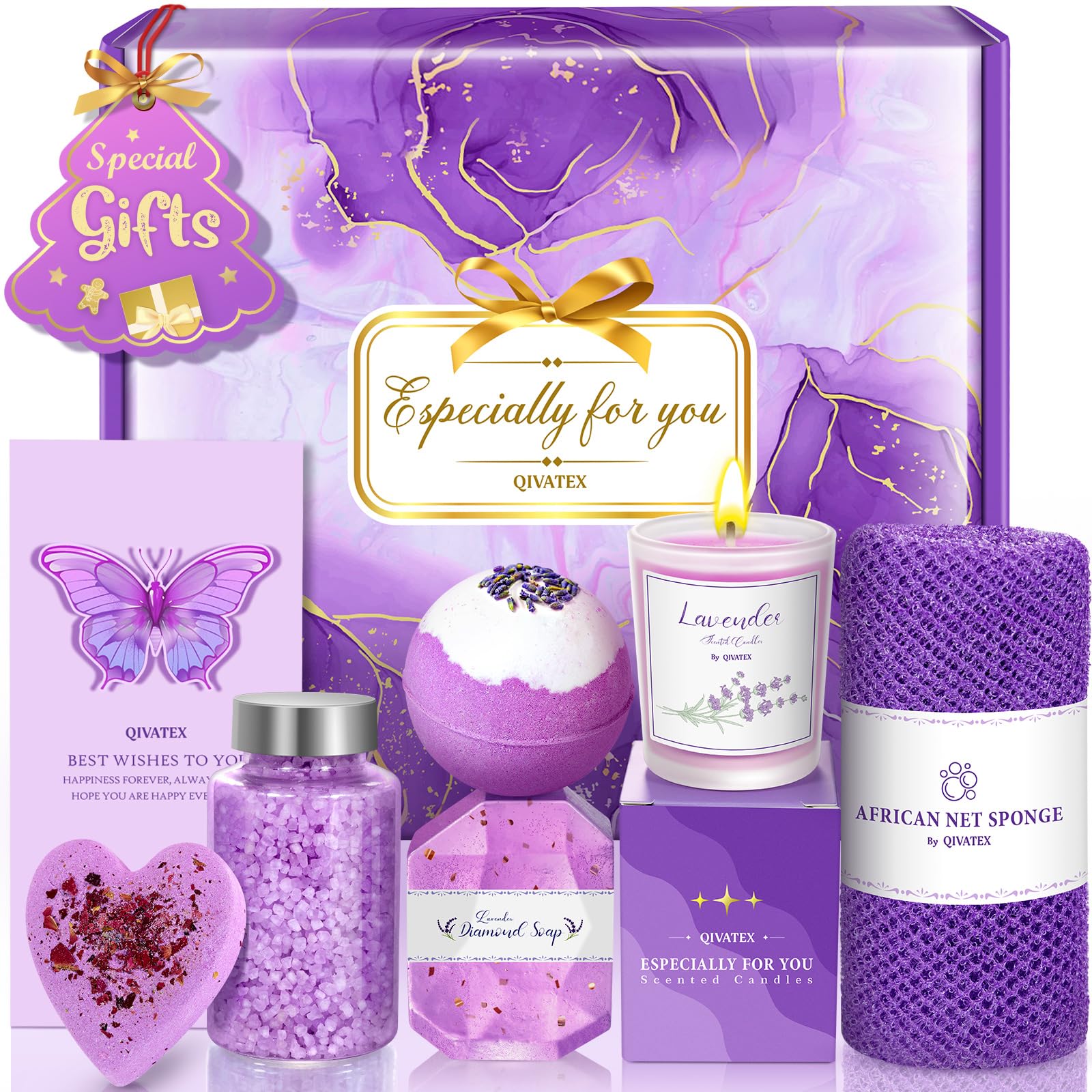 Qivatex lavender bath bombs gift set arranged for a relaxing at-home spa night