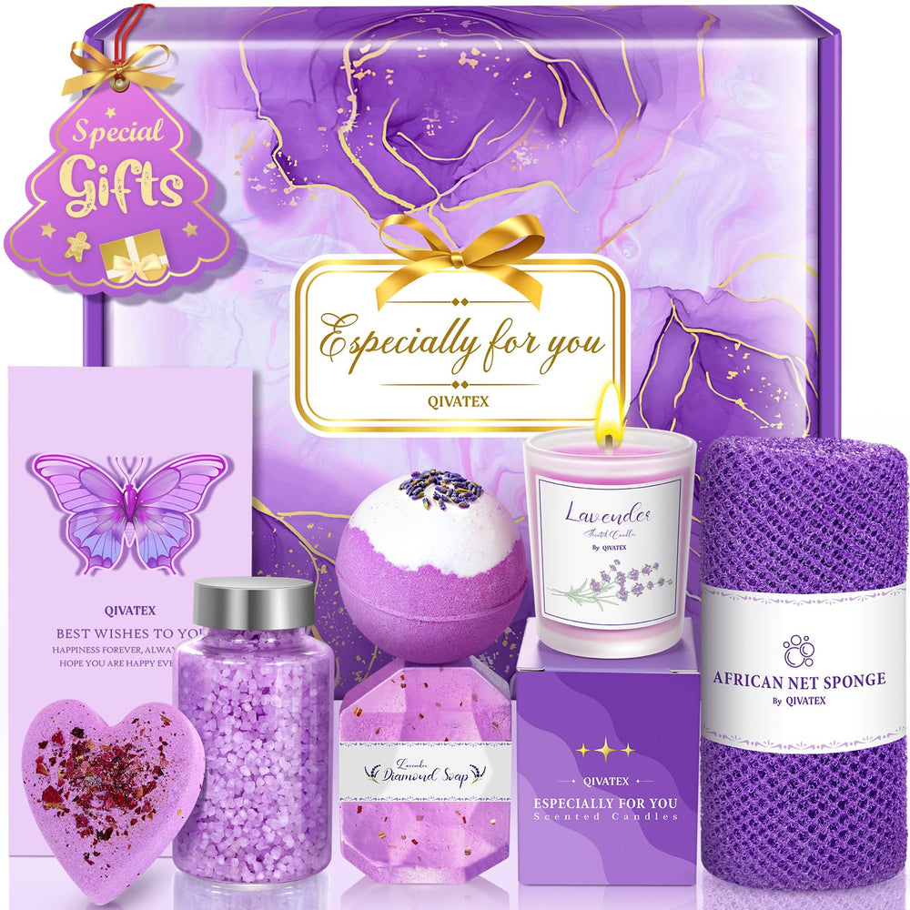Qivatex lavender bath bombs gift set arranged for a relaxing at-home spa night