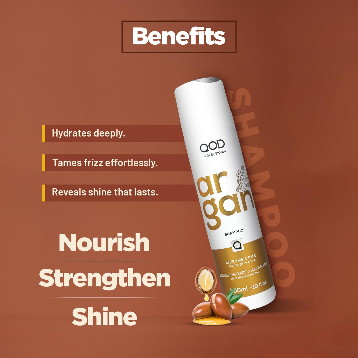 QoD PRO Argan Shampoo daily-use bottle scene signals versatile routine