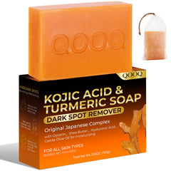 QOOQ turmeric kojic acid soap bar promotes an even skin tone during daily cleansing.