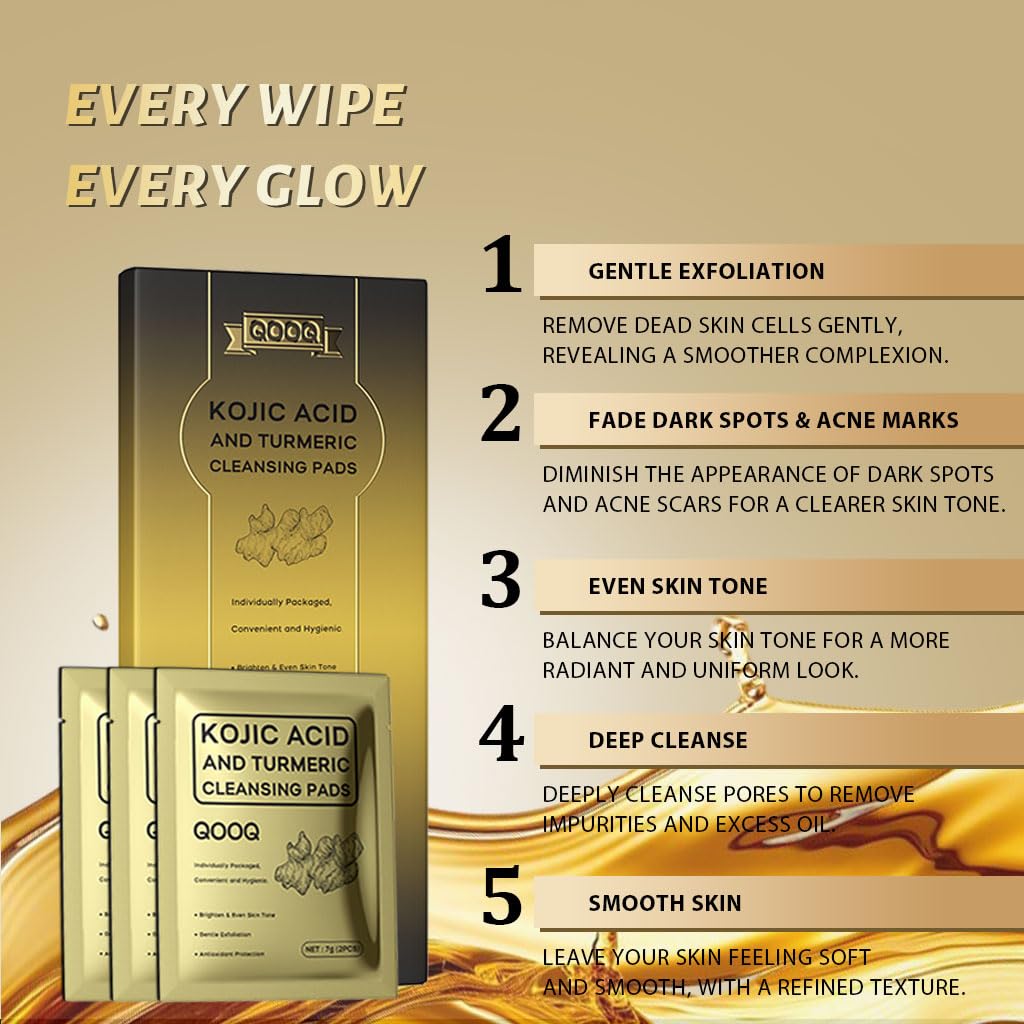 QOOQ Turmeric Kojic cleansing pad close-up shows textured surface for gentle exfoliation.