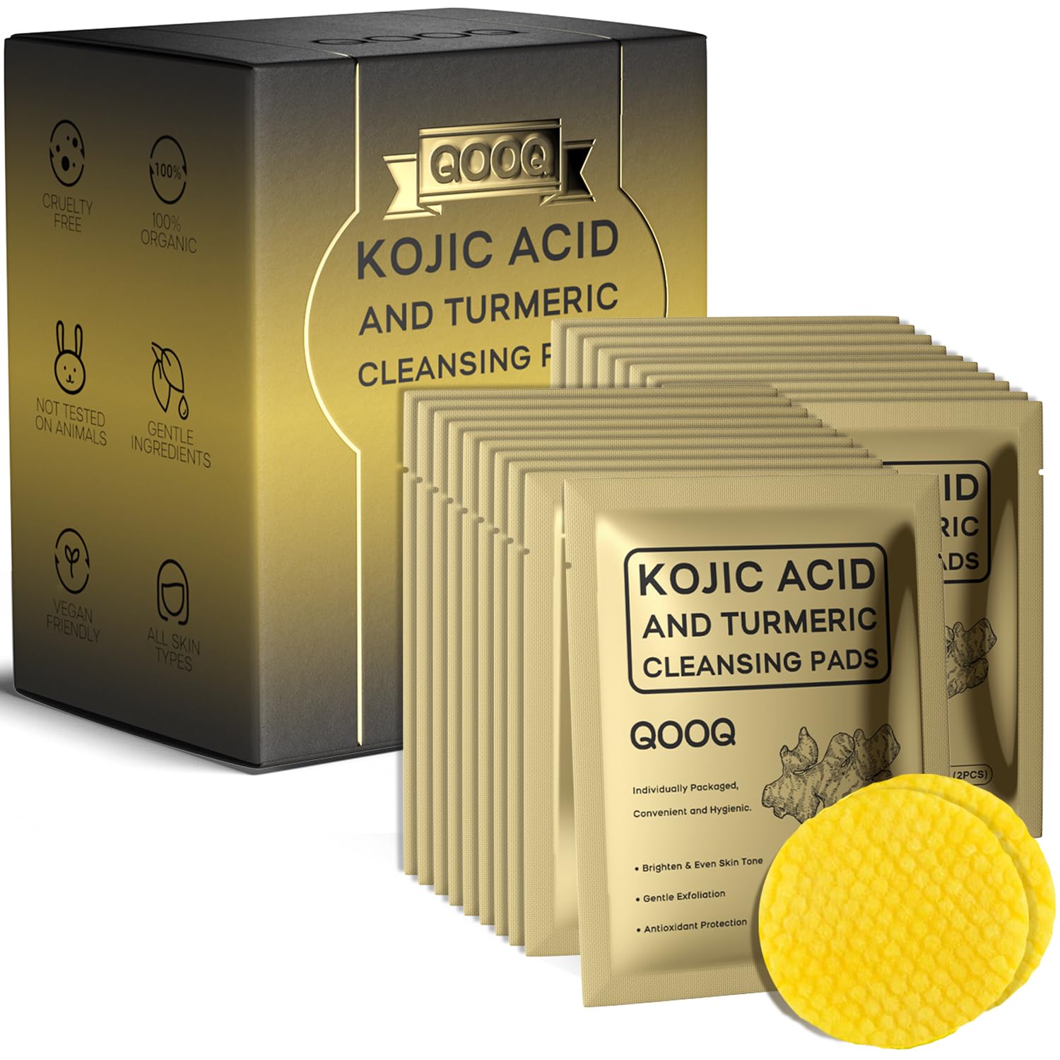 QOOQ Turmeric Kojic cleansing pad packaging demonstrates hygienic, individually sealed freshness.