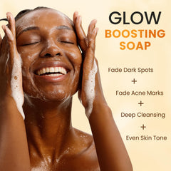 QOOQ turmeric kojic soap bar close-up emphasizing quality lather and gentle cleansing.