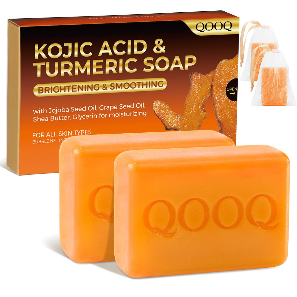 QOOQ turmeric kojic soap on the gift box for radiant, even-toned skin.
