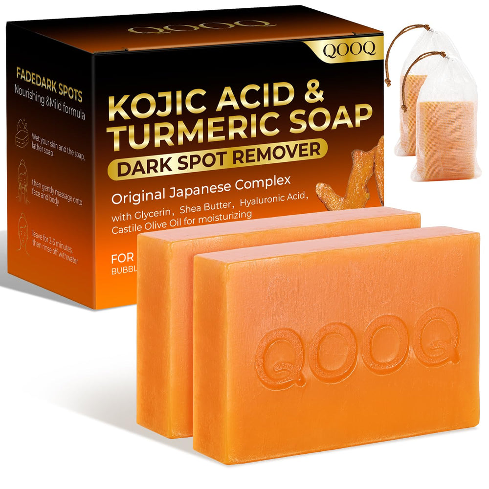 QOOQ turmeric kojic soap packaging shows two bars for daily cleansing and even-toned skin potential.