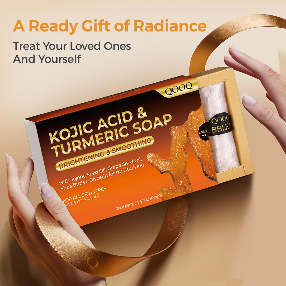 QOOQ soap displays turmeric-inspired color and kojic acid cues.