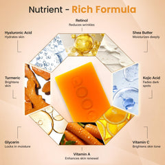 QOOQ vitamin C and retinol-enriched soap on tray hints at revitalized feel and glow.