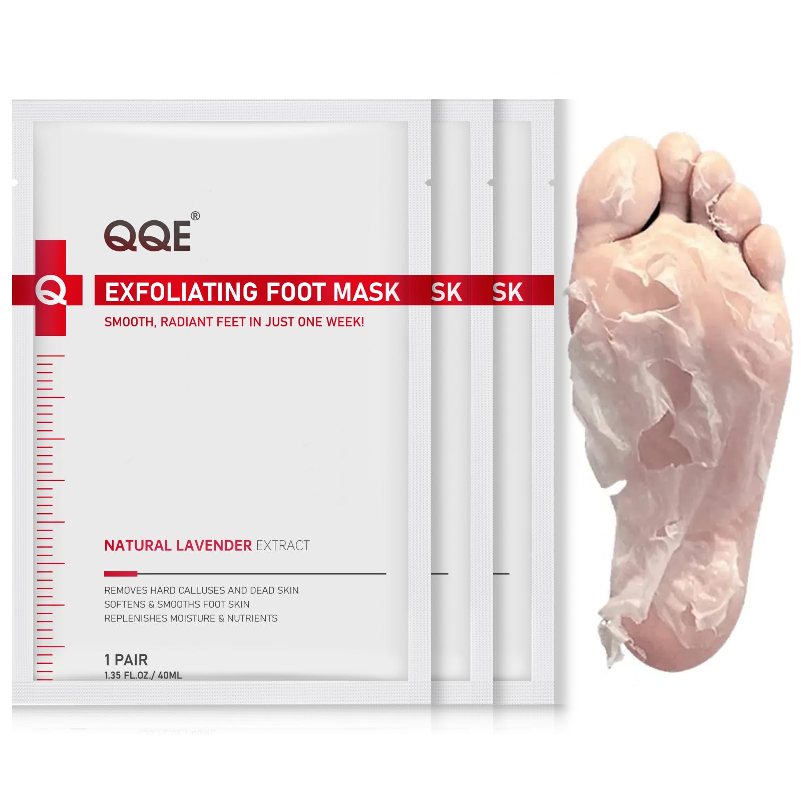 QQE 3-pack foot peeling mask packshot showing convenient home pedicure option.