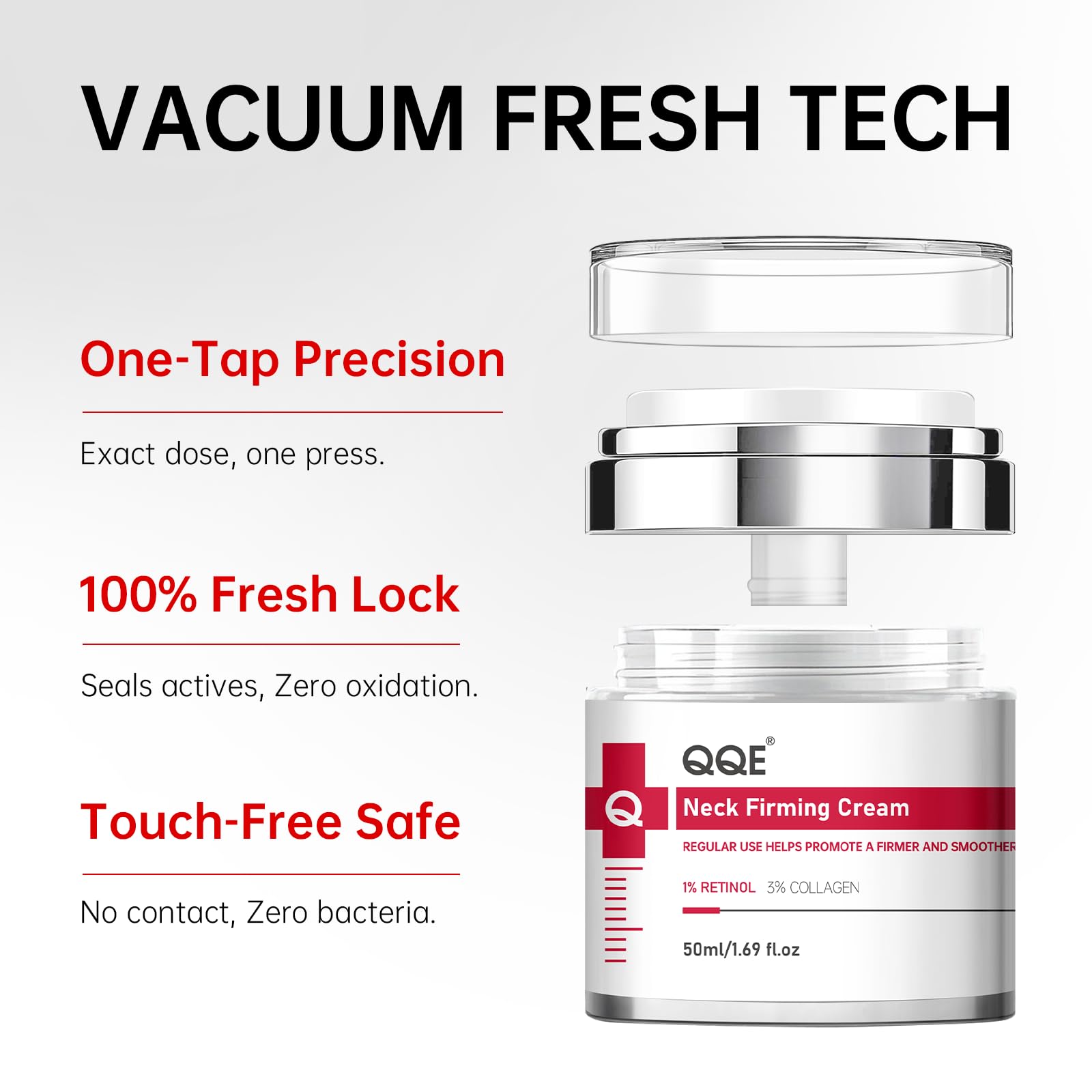 QQE Neck Firming Cream pump dispensing to deliver precise, mess-free dosing