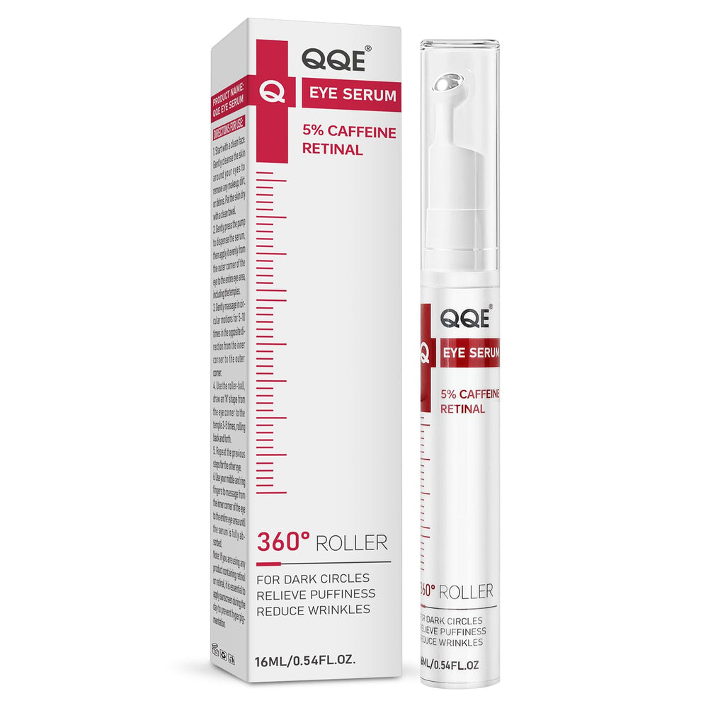QQE Retinol and Caffeine Eye Serum roller close-up for soothing under-eye puffiness