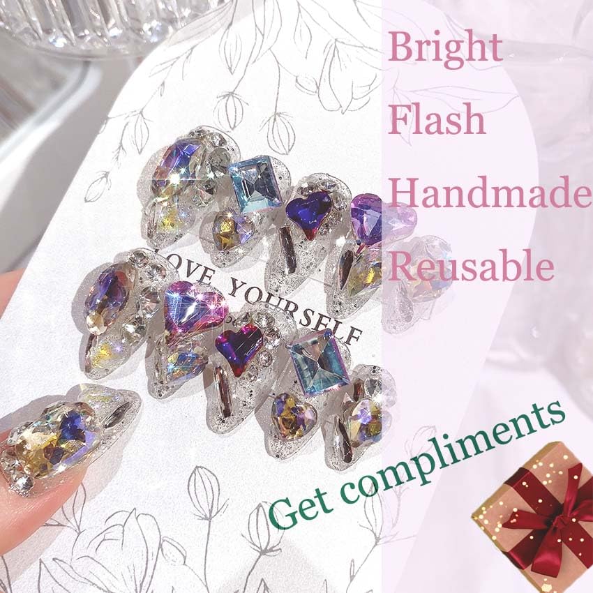 QQPPOLIU almond press-on nails with 3D jewel rhinestones elevate at-home styling.