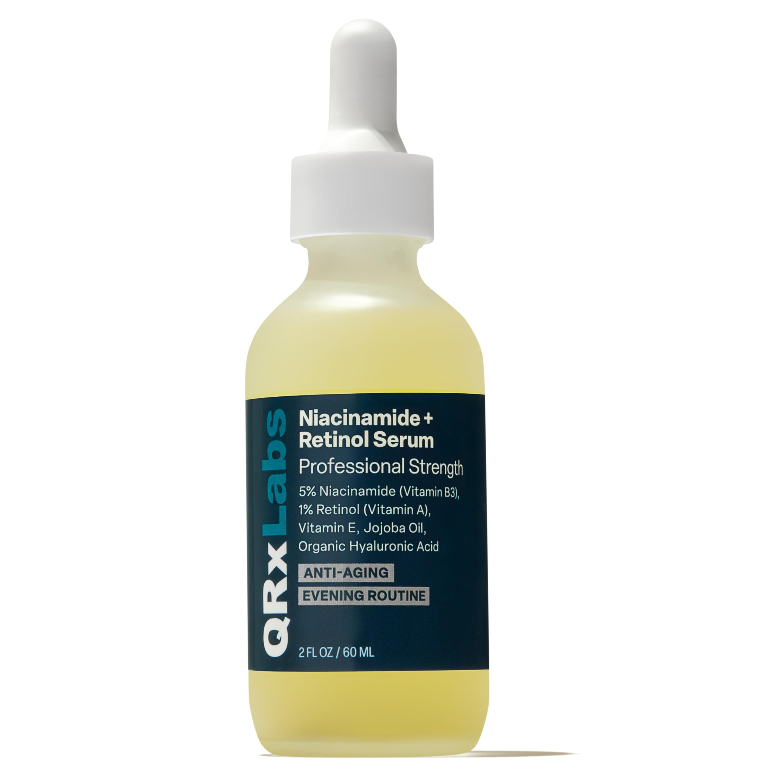 QRxLabs five percent niacinamide serum bottle supports texture improvement on the face.