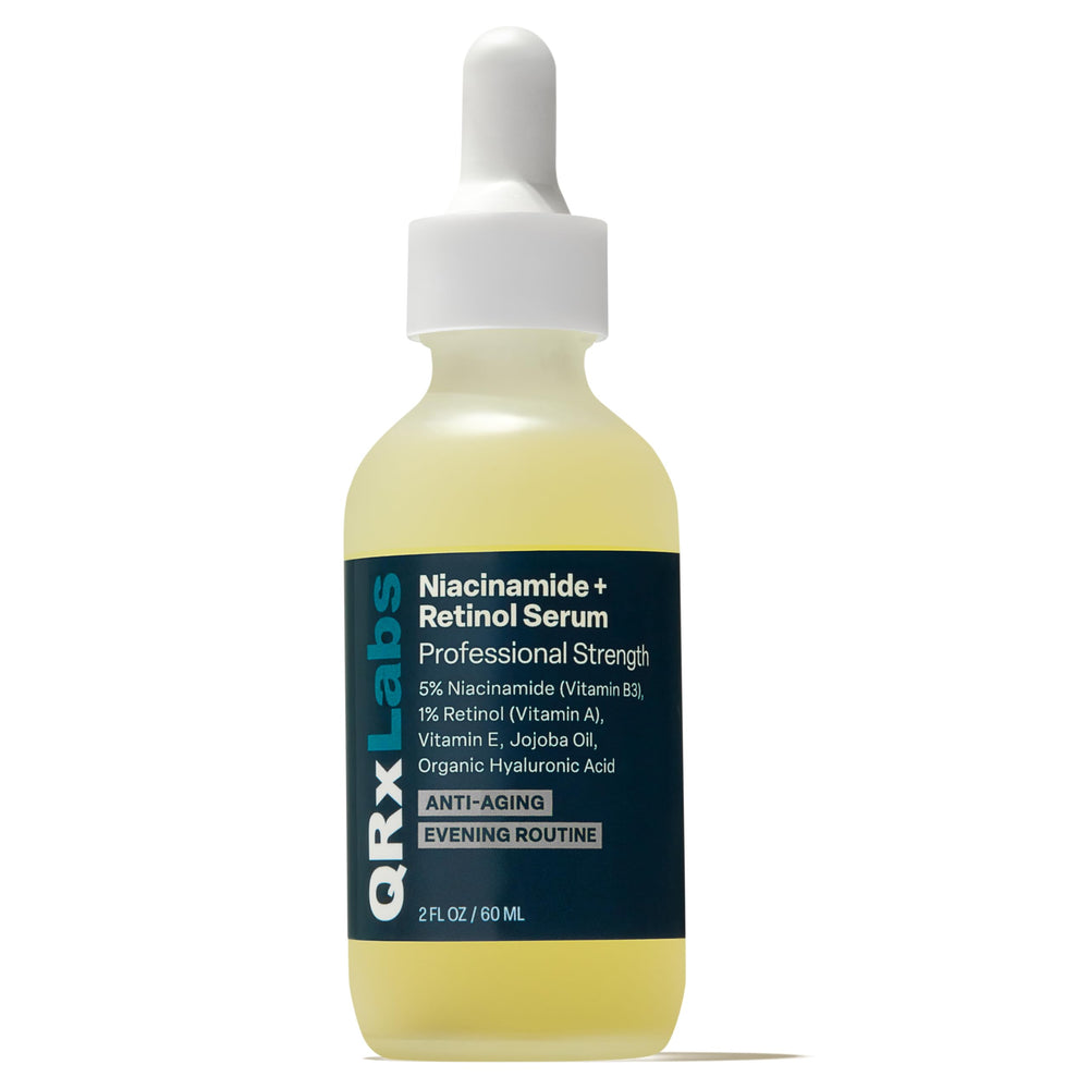QRxLabs five percent niacinamide serum bottle supports texture improvement on the face.