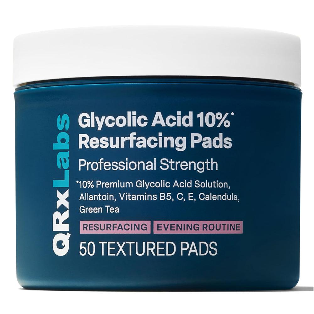 QRxLabs Glycolic Acid Pads face close-up showing gentle exfoliation for smoother skin