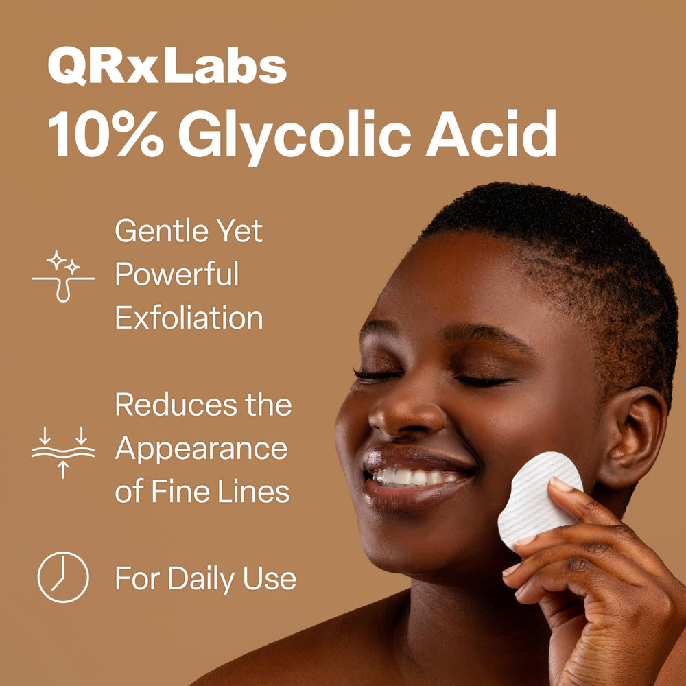 QRxLabs Glycolic Acid Pads packaging front demonstrates at-home facial resurfacing