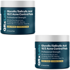 QRxLabs Glycolic/Salicylic pad pack close-up shows exfoliating action for clearer skin.