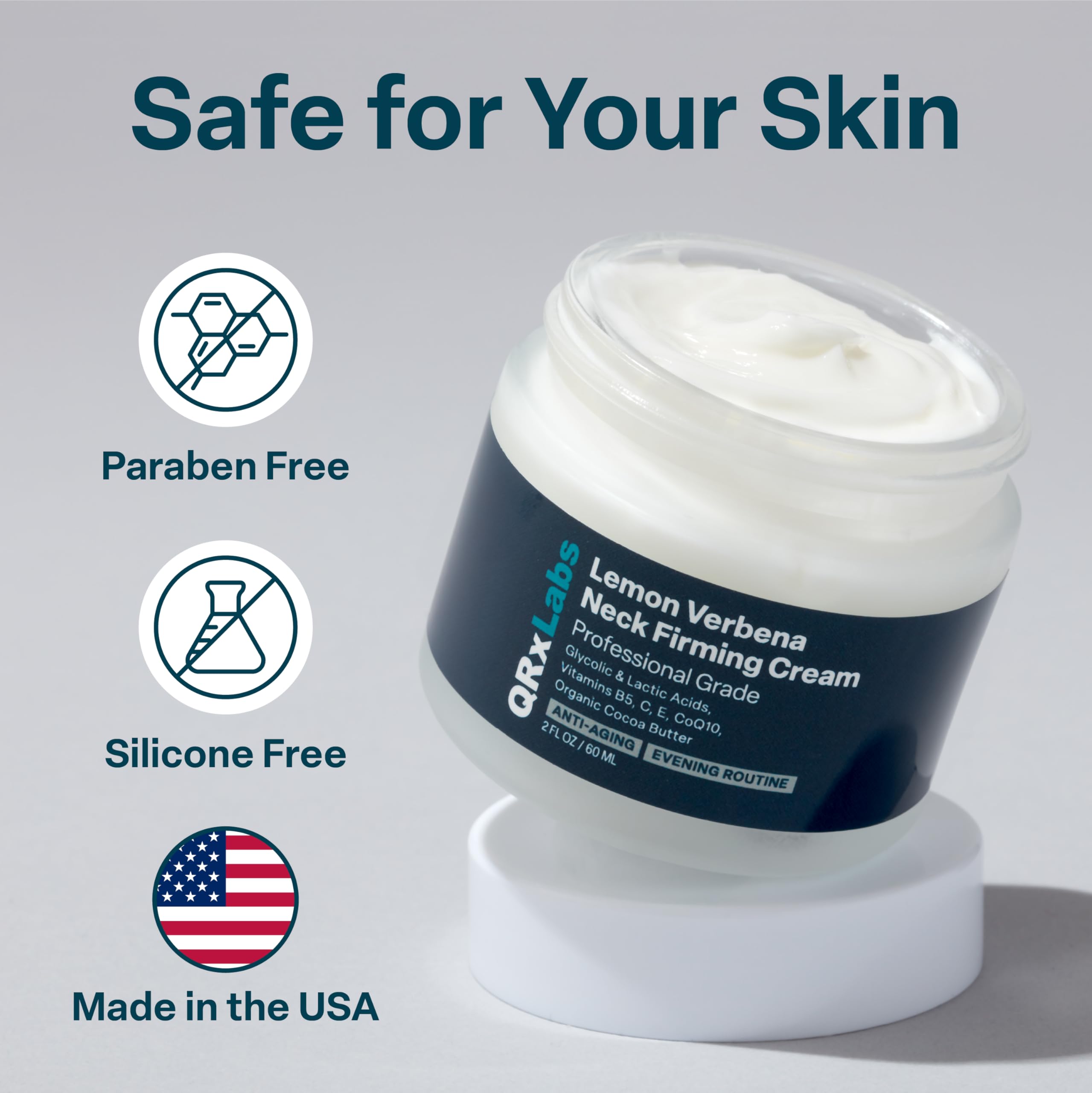 QRxLabs Lemon Verbena Neck Cream Royal Jelly extract highlight.