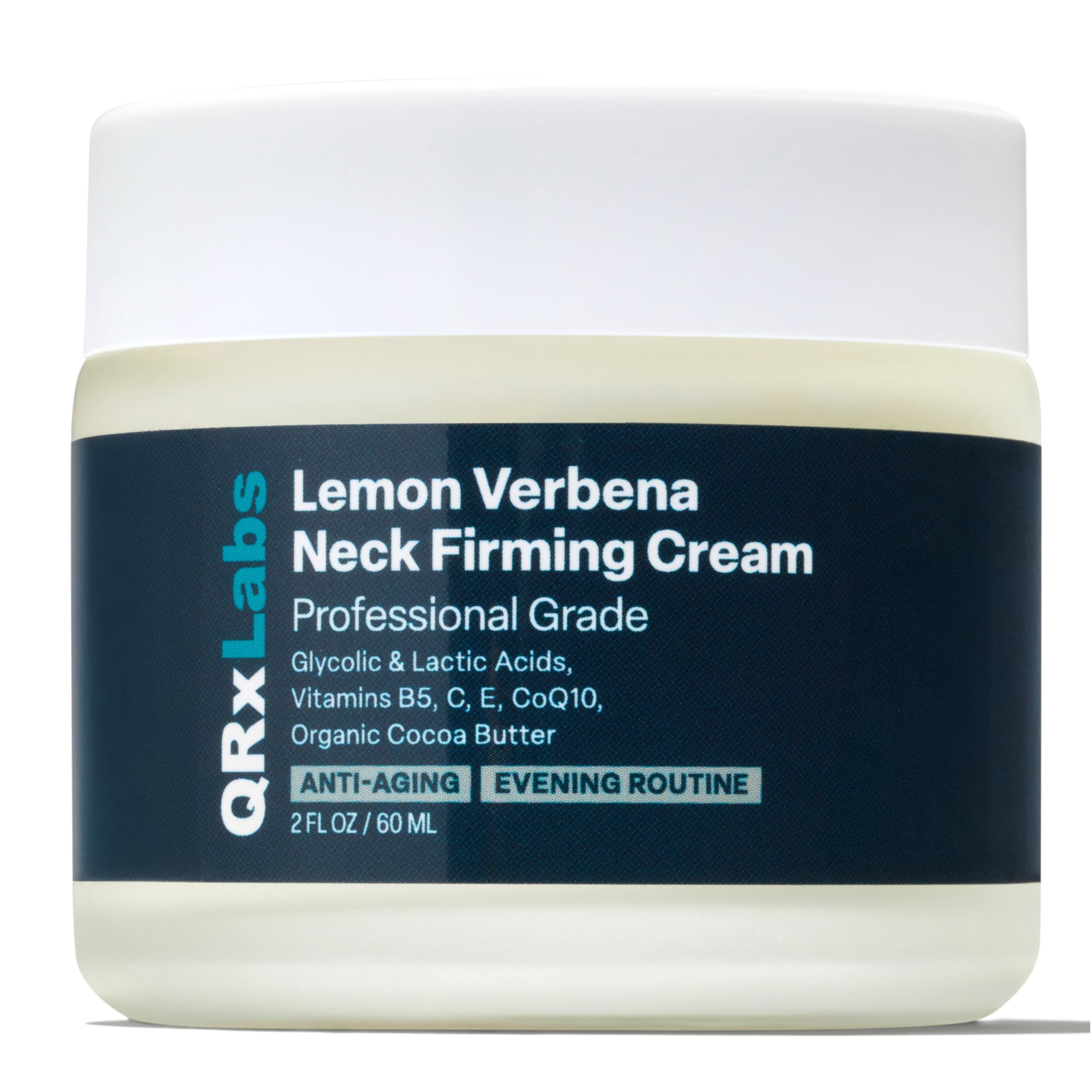 QRxLabs Lemon Verbena Neck Cream bottle for smoother, firmer neck skin.