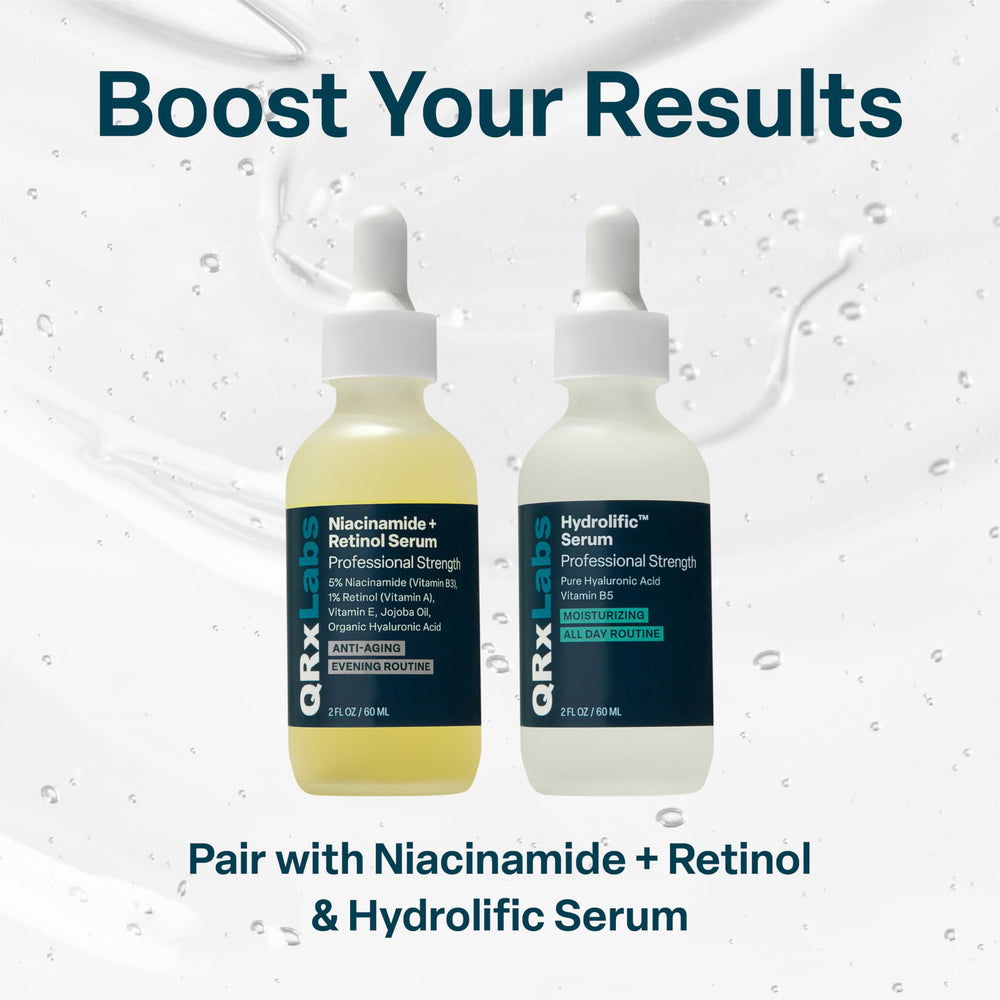 QRxLabs Peptide Complex Serum on a skincare shelf with essential products.