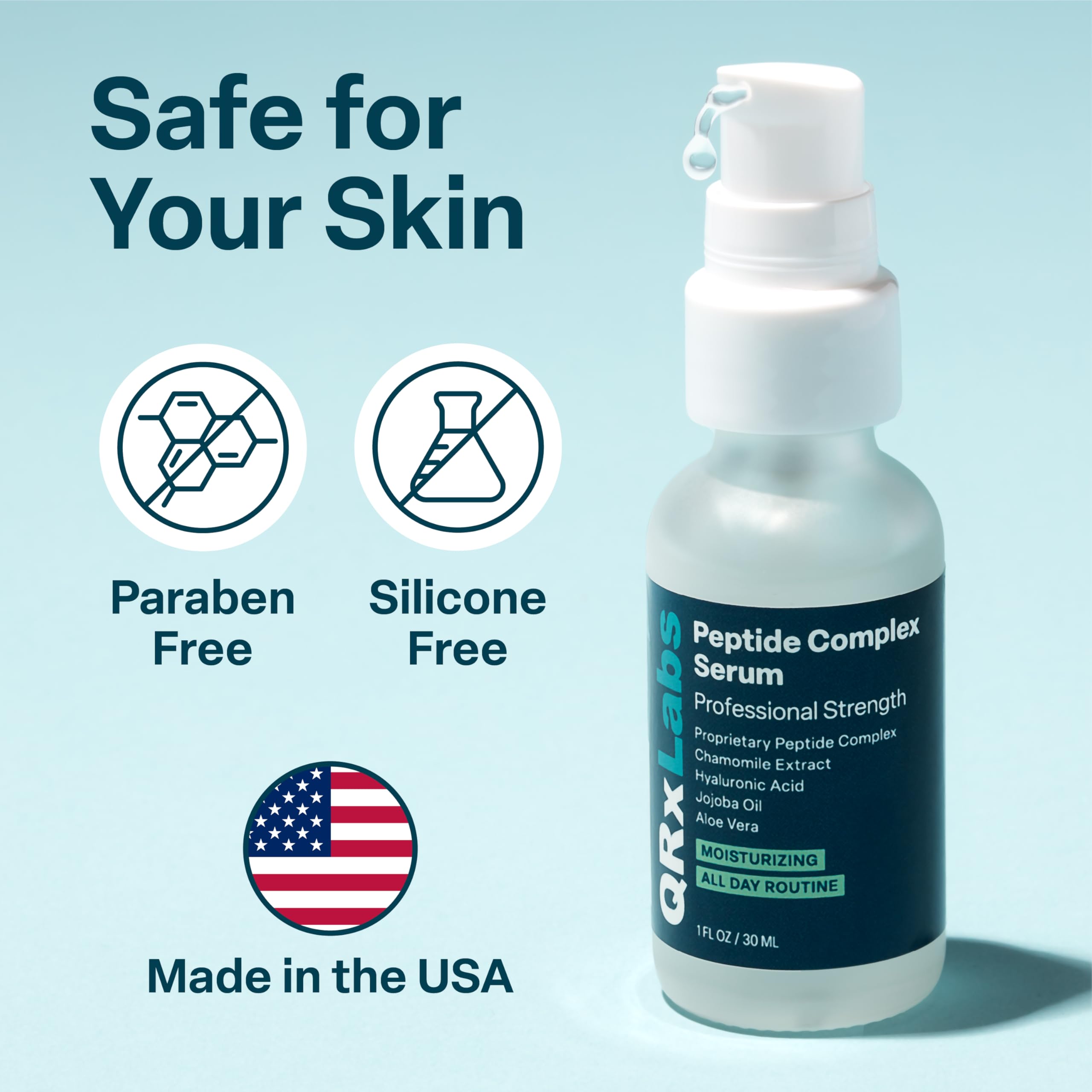QRxLabs Peptide Complex Serum bottle with pump for easy dispensing.