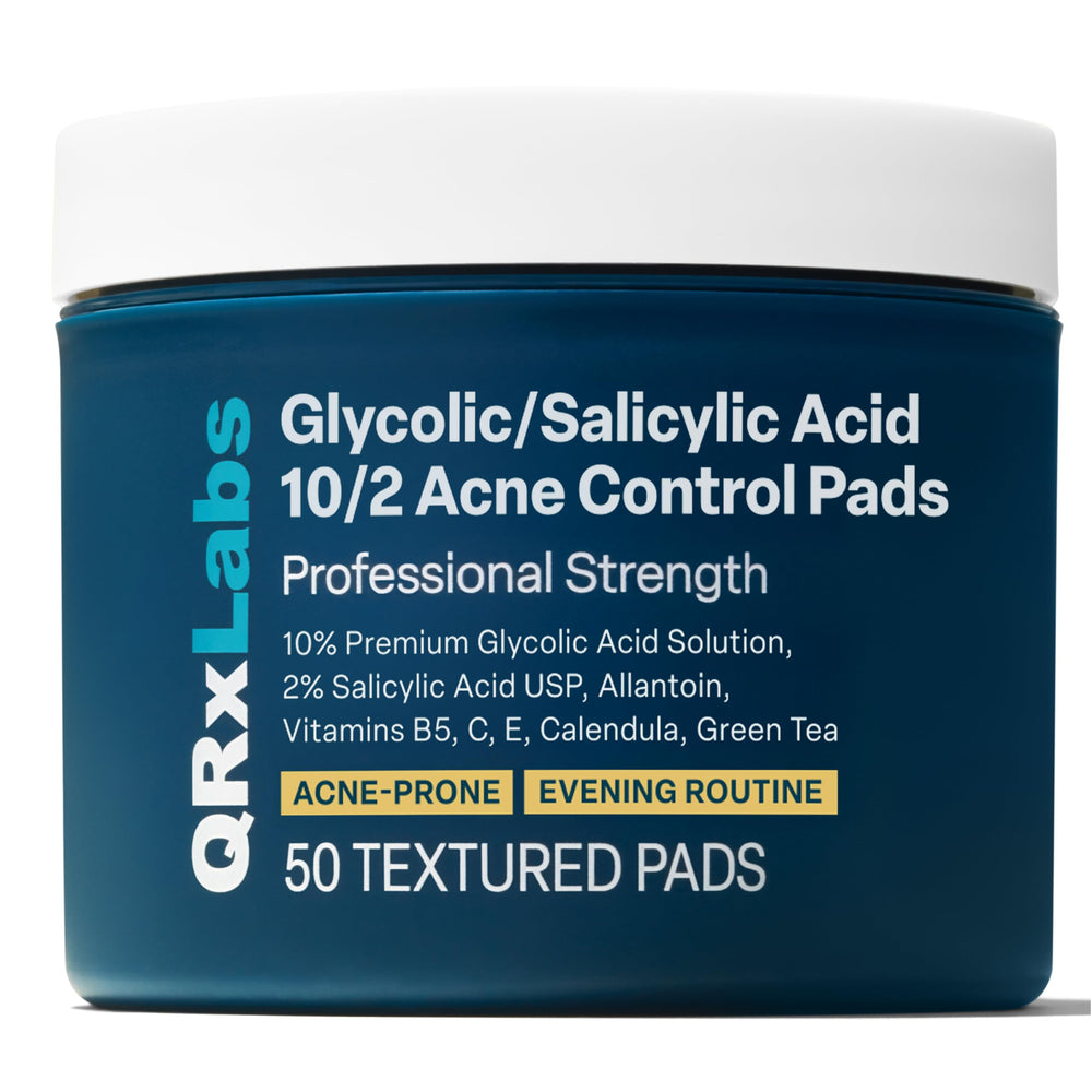 QRxLabs salicylic-glycolic pads jar closeup for daily exfoliation on acne-prone skin.