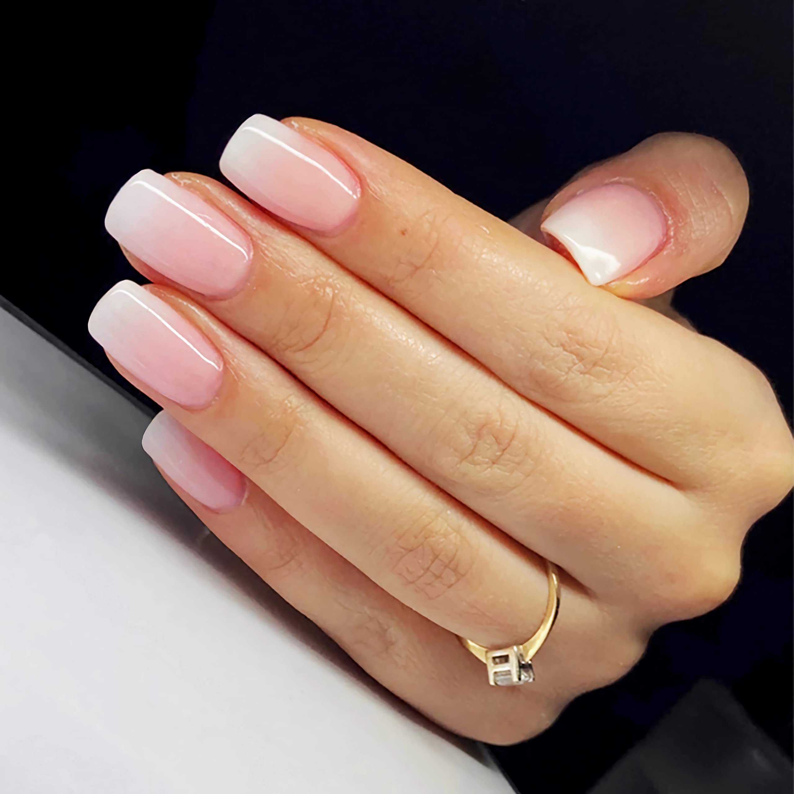 Qsnidy square press-on nails in French Ombre Pink with salon-gloss finish.