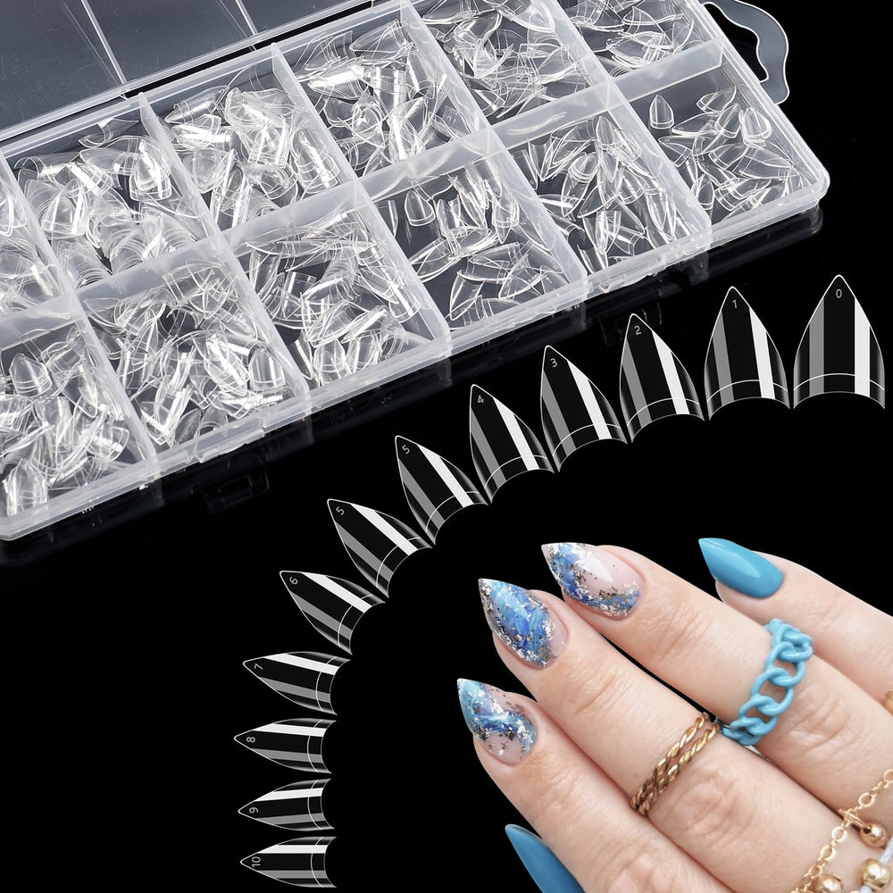 Quaferen clear short stiletto nail tips box contents for easy selection in nail art