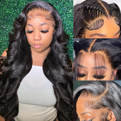 Quandian 28 inch body wave lace front wig front view with natural hairline.