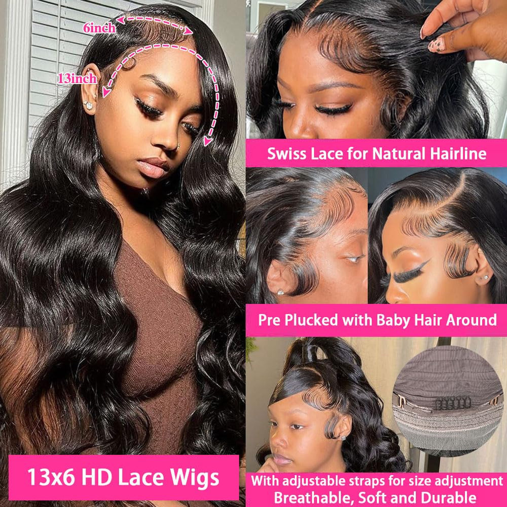Quandian 28 inch body wave lace front wig natural hairline with baby hairs.