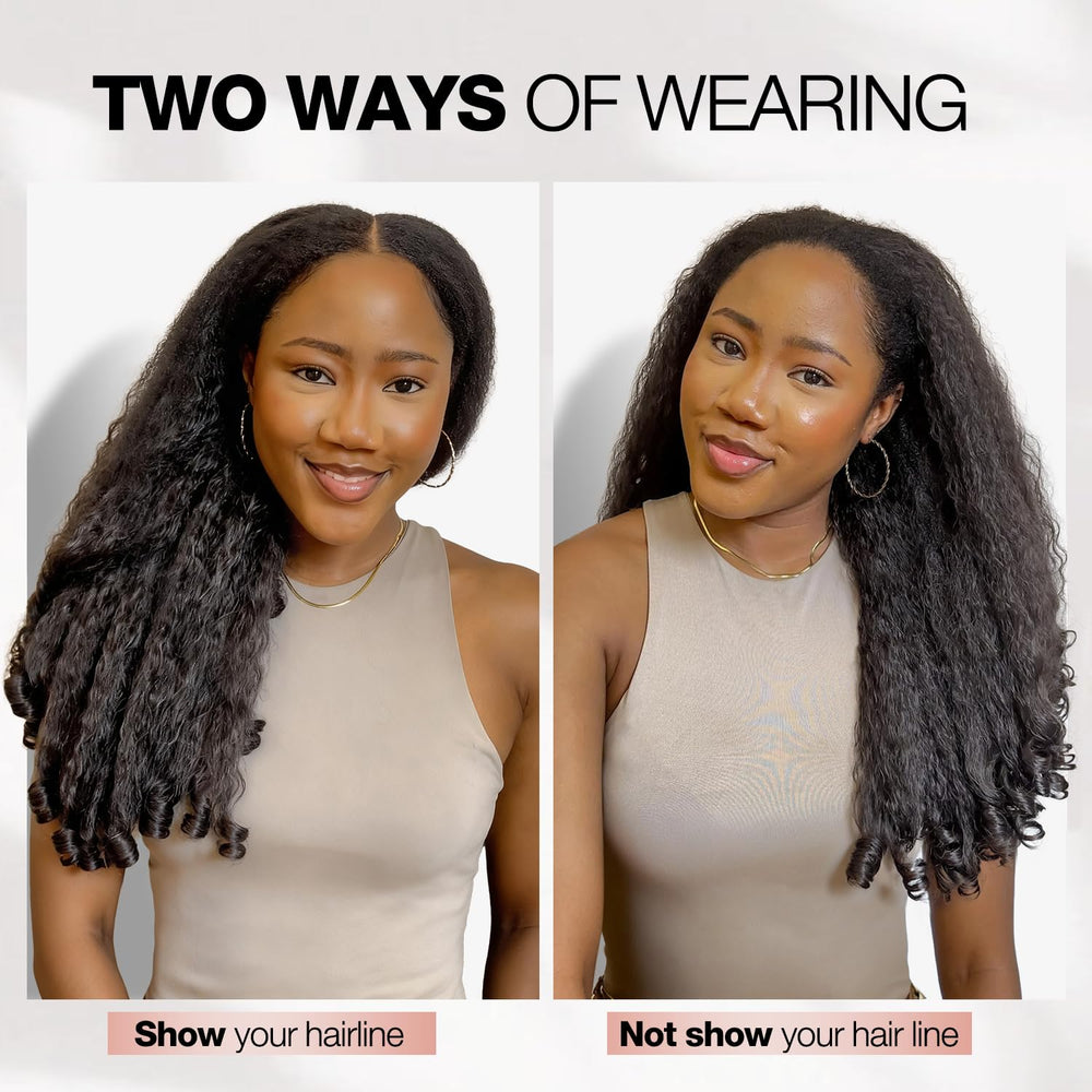 Quantum Love Yaki Curly V Part Wig shows natural hairline and secure cap design.