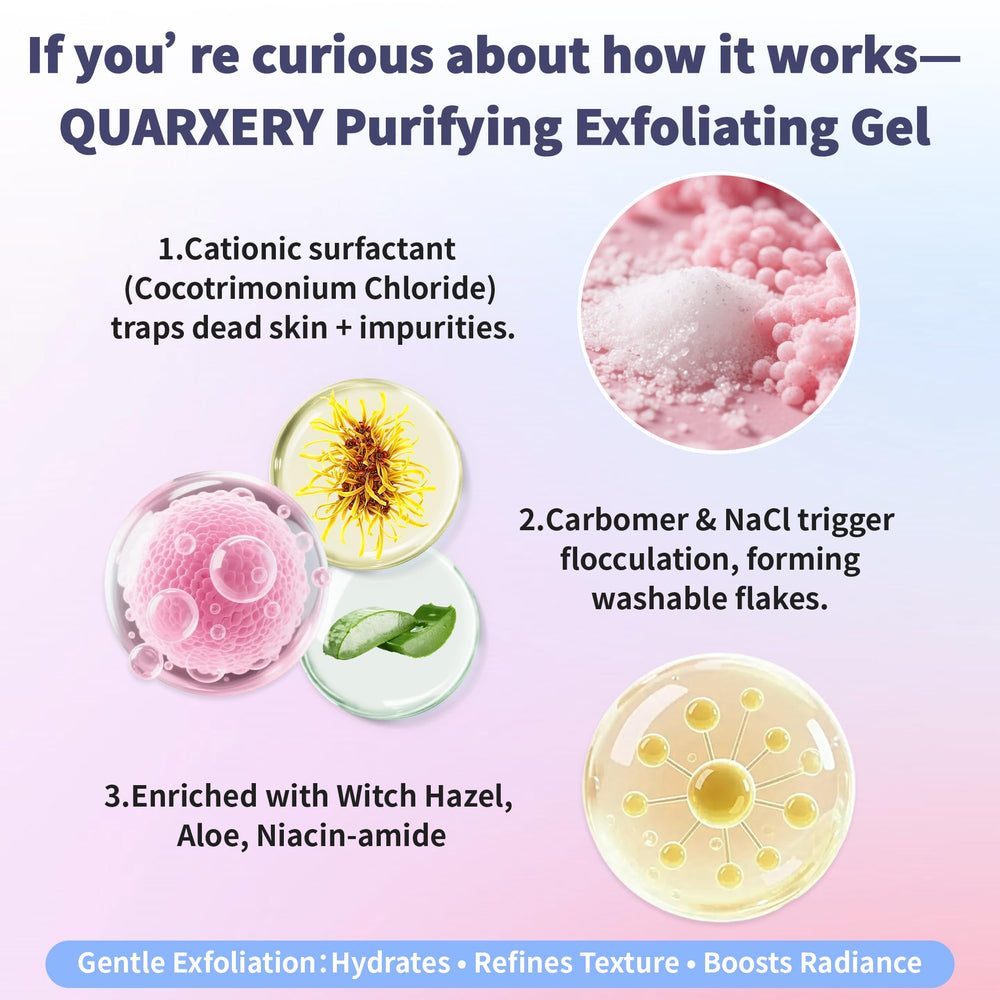 QUARXERY Purifying Exfoliating Gel travel-pack image emphasizes portability.