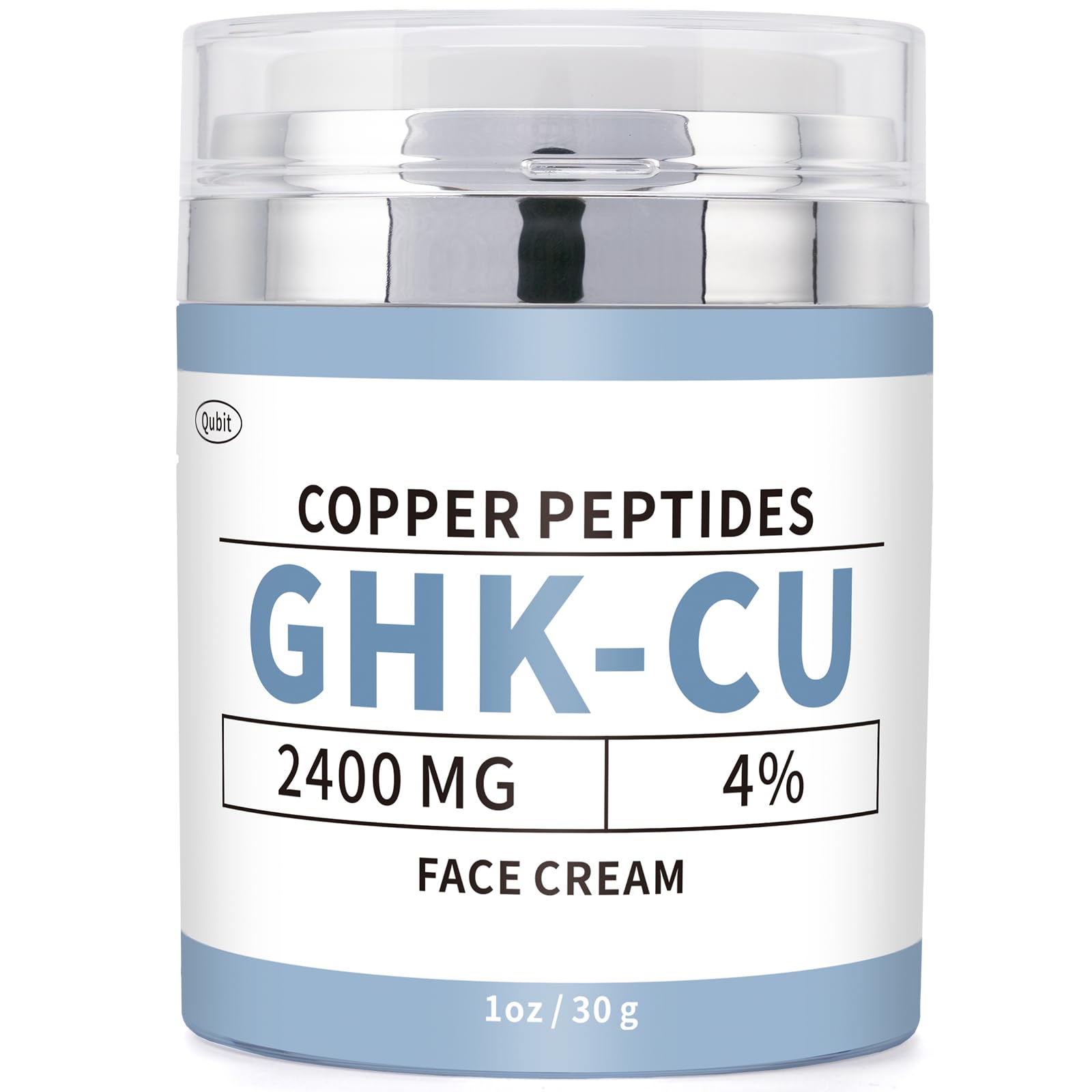 QUBIT GHK-Cu copper peptide face cream jar close-up showing premium packaging and smooth texture