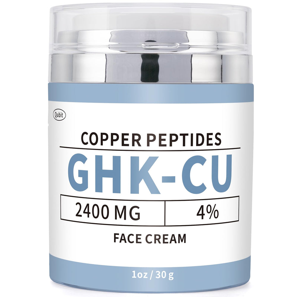 QUBIT GHK-Cu copper peptide face cream jar close-up showing premium packaging and smooth texture