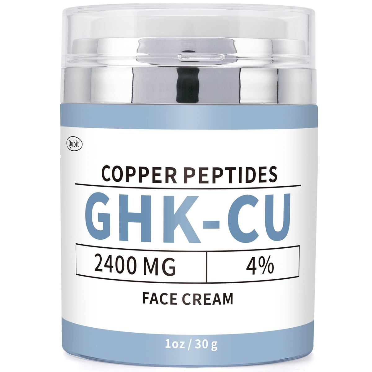 QUBIT GHK-Cu copper peptide face cream jar close-up showing premium packaging and smooth texture