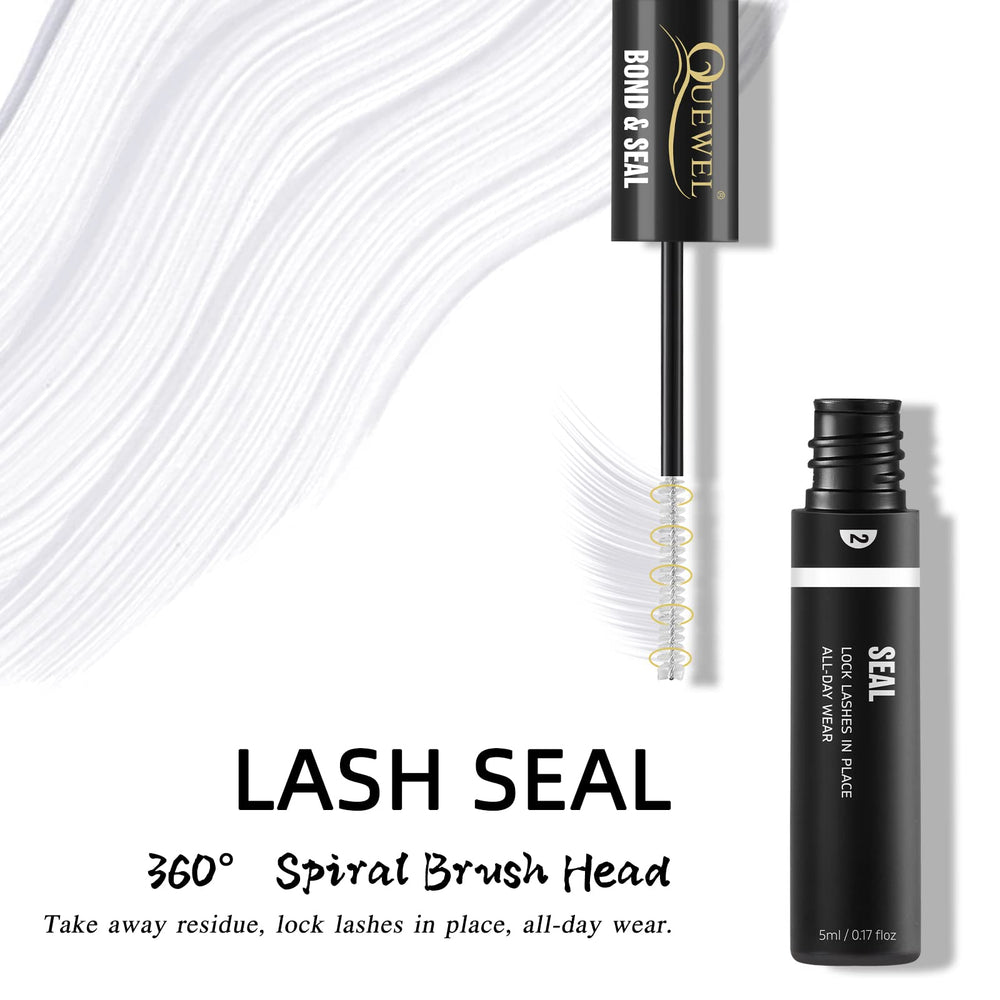 Close-up of QUEWEL bond and seal on lashes for durable waterproof hold.